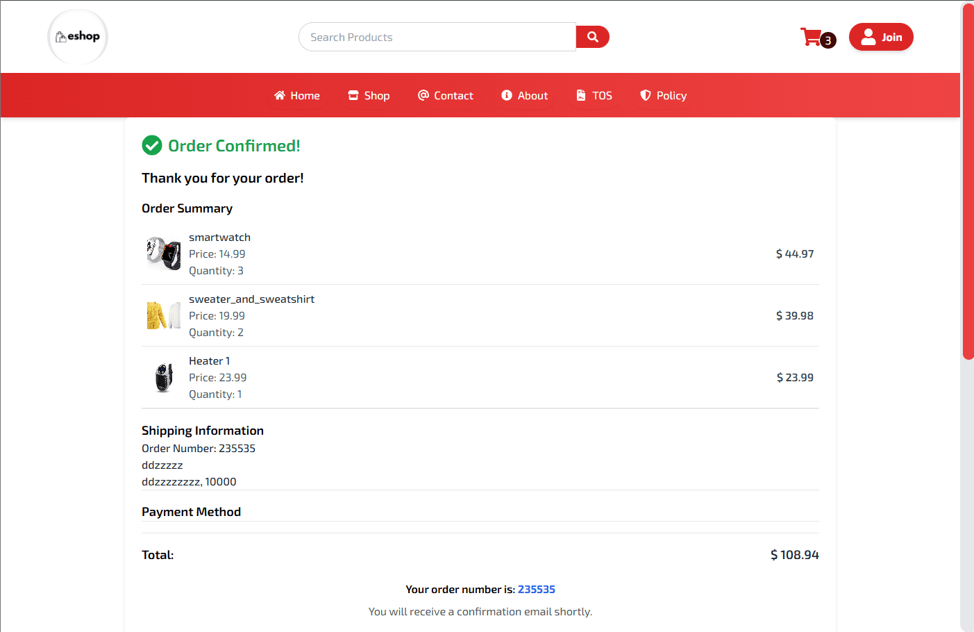 React Redux Ecommerce App - Orders Confirmation History