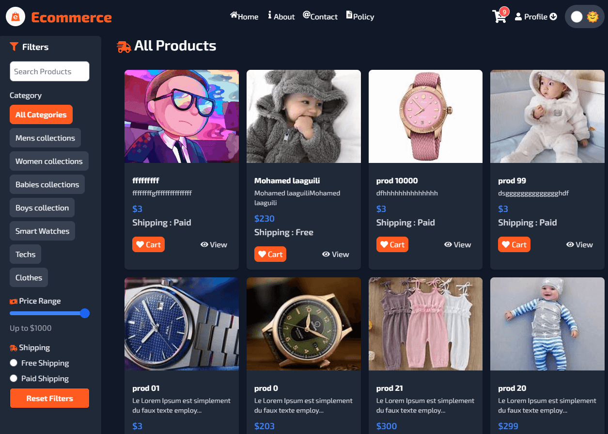 MERN Ecommerce App - Products Overview Dark mode