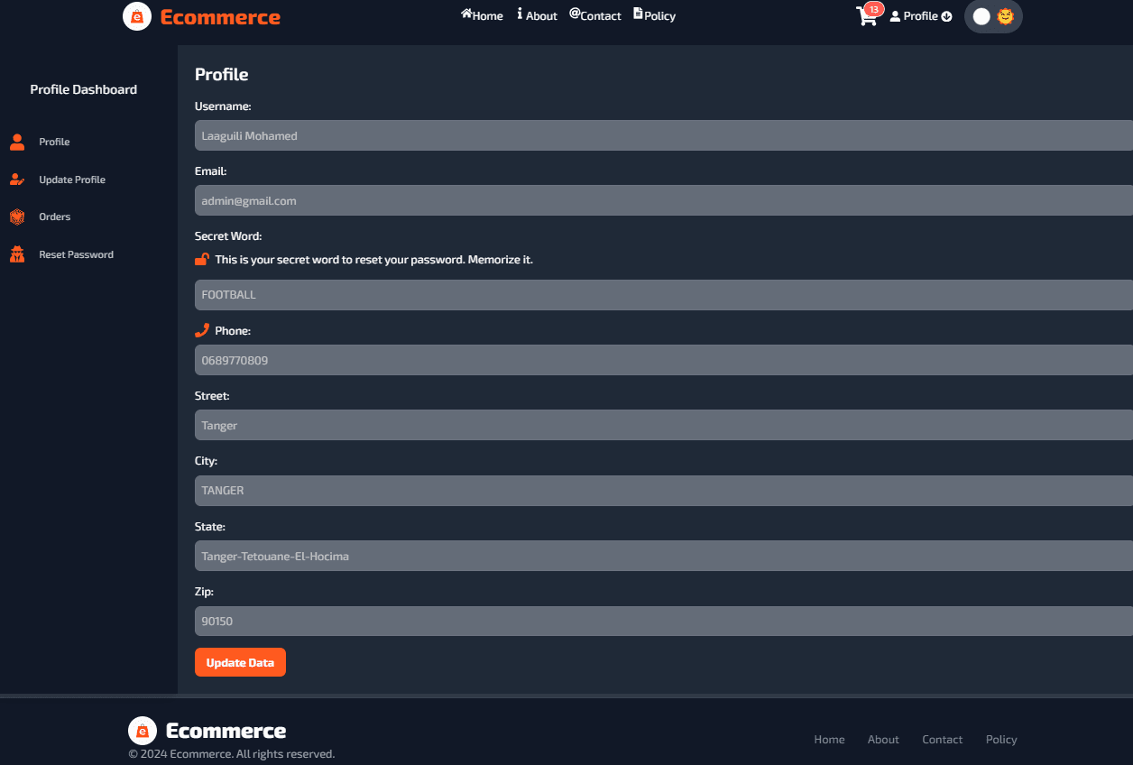 MERN Ecommerce App - User Profile Dark mode
