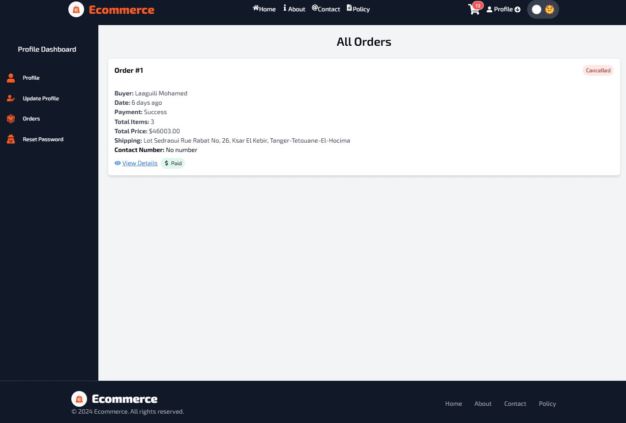 MERN Ecommerce App - User Orders