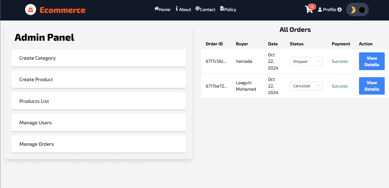 MERN Ecommerce App - Admin Orders Confirmation