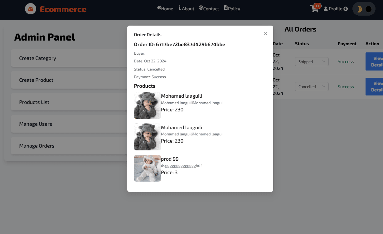 MERN Ecommerce App - Admin Order Overview