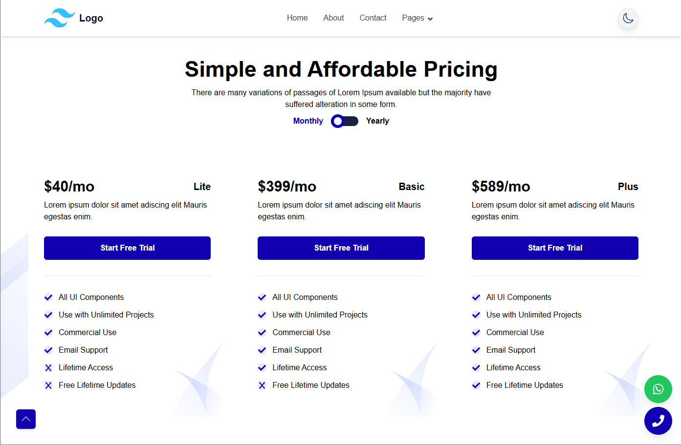 Business Template for startups - Pricing Section Overview
