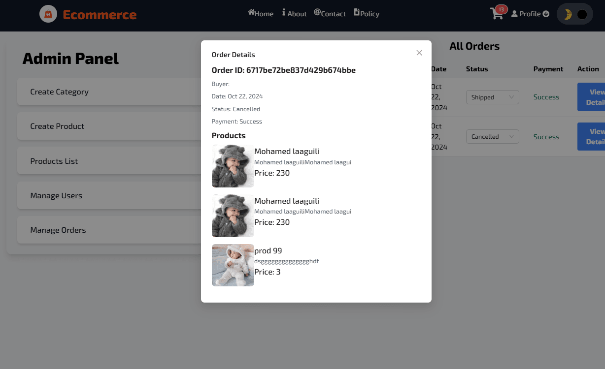 MERN Ecommerce App - Admin Order Overview MERN Ecommerce App - Admin Order Overview