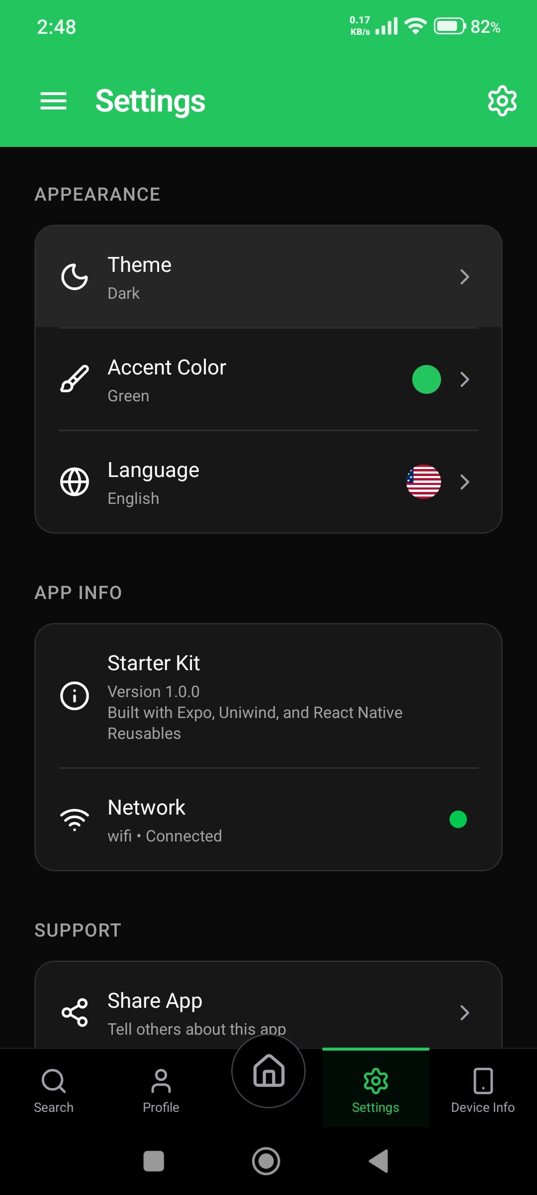 React Native Starter Kit - Setting Screen Dark Green React Native Starter Kit - Setting Screen Dark Green